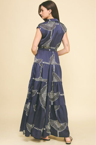 V-Neck Collared Cinch Waist Printed Tiered Maxi Dress