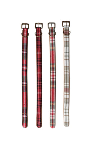 Four plaid dog collars in different patterns on a white background