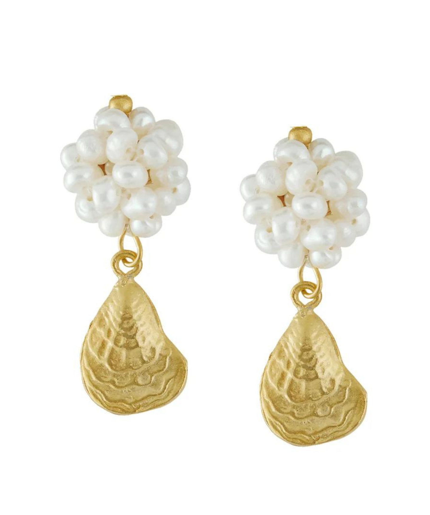 Susan Shaw | 24k Gold | Pearl Cluster Oyster Earrings