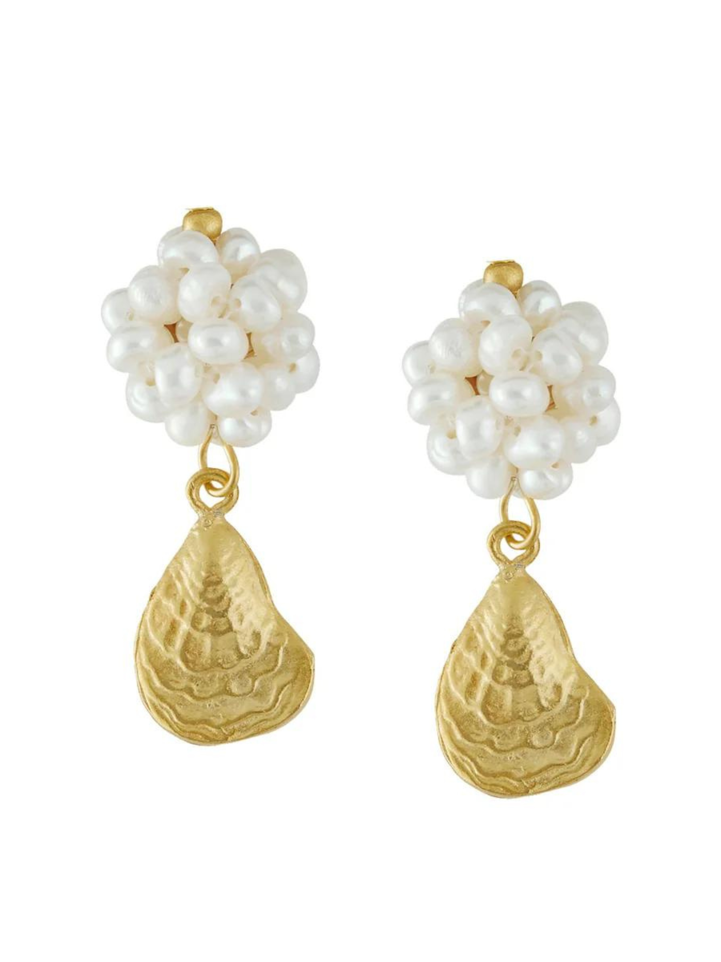 Susan Shaw | 24k Gold | Pearl Cluster Oyster Earrings