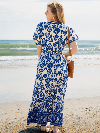 Blue & White Printed Puff Sleeve Midi Dress