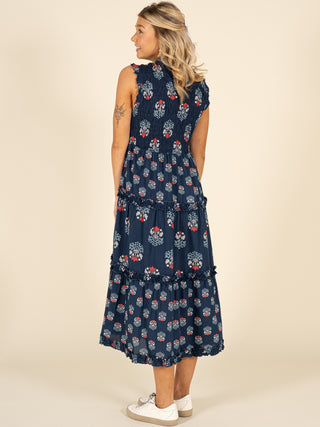 Indigo Bloom Smocked Midi Dress