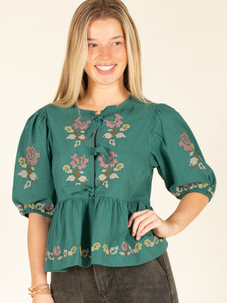 Embroidered Floral Peplum Blouse