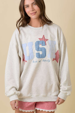 USA Patchwork Oversized Crewneck Heather Ivory