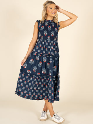 Indigo Bloom Smocked Midi Dress