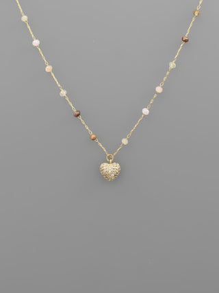 Heart and Glass Bead Necklace Pink