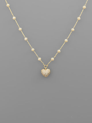 Heart and Glass Bead Necklace Beige