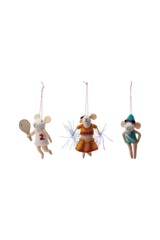 Three decorative mouse ornaments on a white background