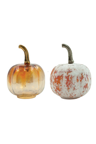 Two decorative pumpkins, one orange and one white with brown spots, on a white background.