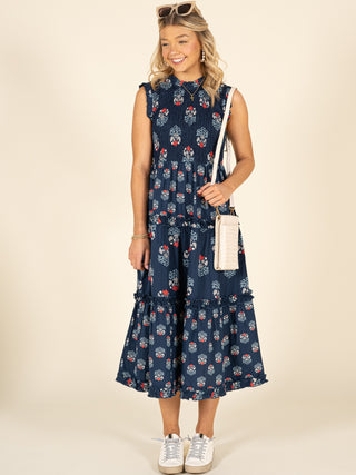 Indigo Bloom Smocked Midi Dress