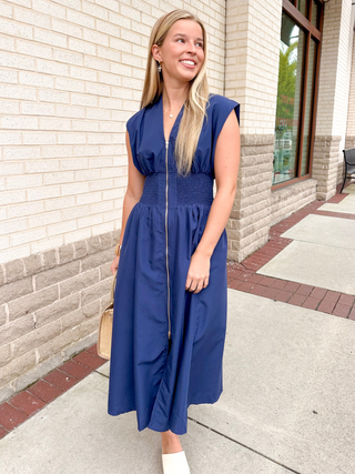 Front Zipper Sleeveless Midi Dress