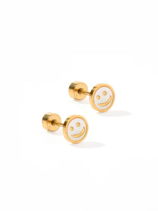 Gold Enamel Smiley Flatback Stud Earrings