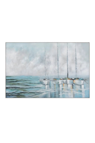 Artistic depiction of sailboats on water with a soft, pastel color palette.