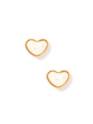 Gold Enamel Heart Flatback Stud Earrings White