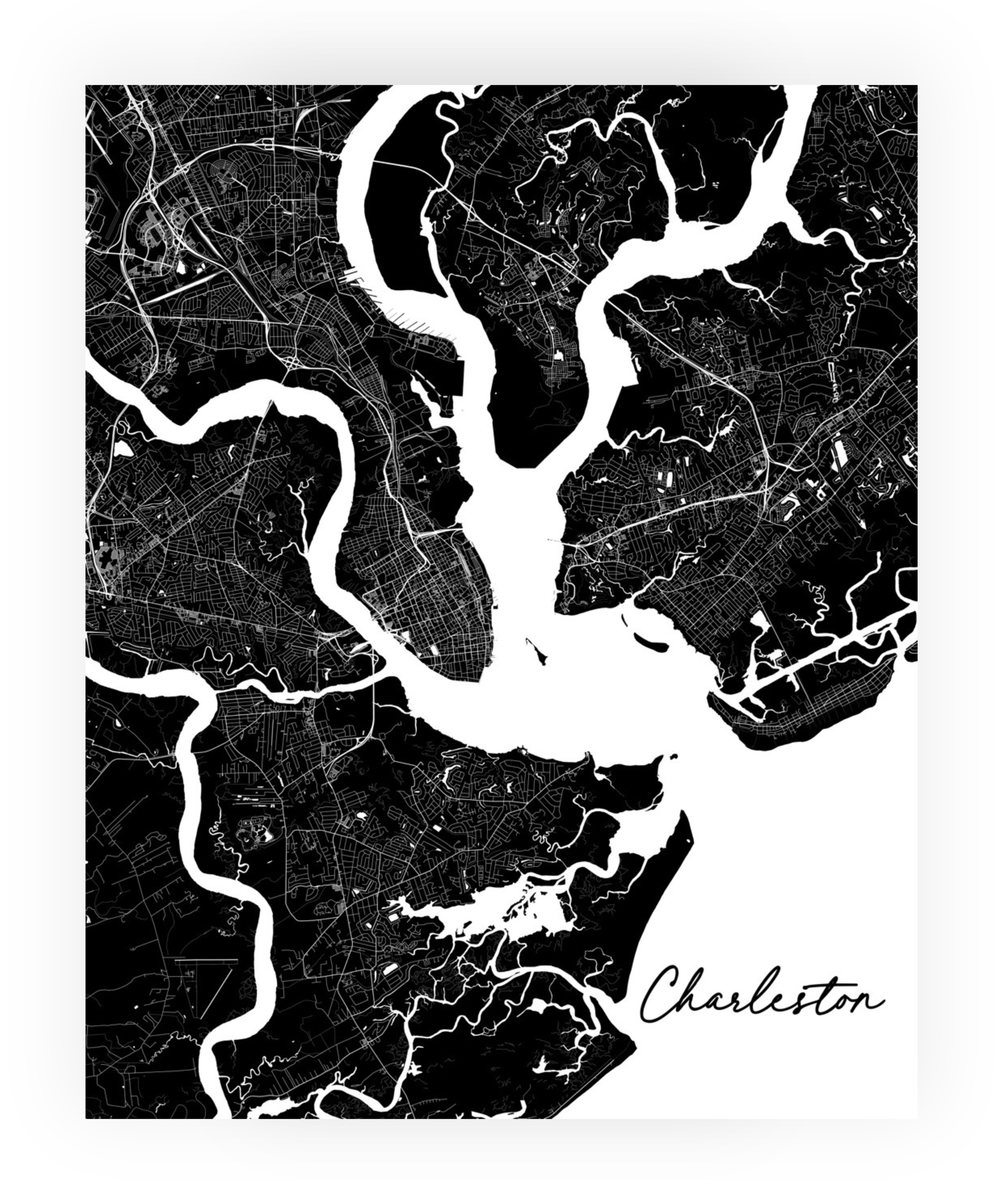 Charleston Map Print - Black and White Modern Wall Art (detail view 2)