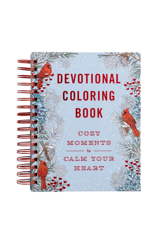 Devotional coloring book with cardinals and nature-themed cover on a white background