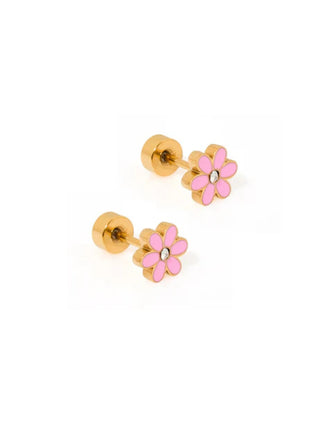 Gold Enamel Flower Flatback Stud Earrings Pink