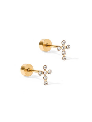 Gold CZ Cross Flatback Stud Earrings