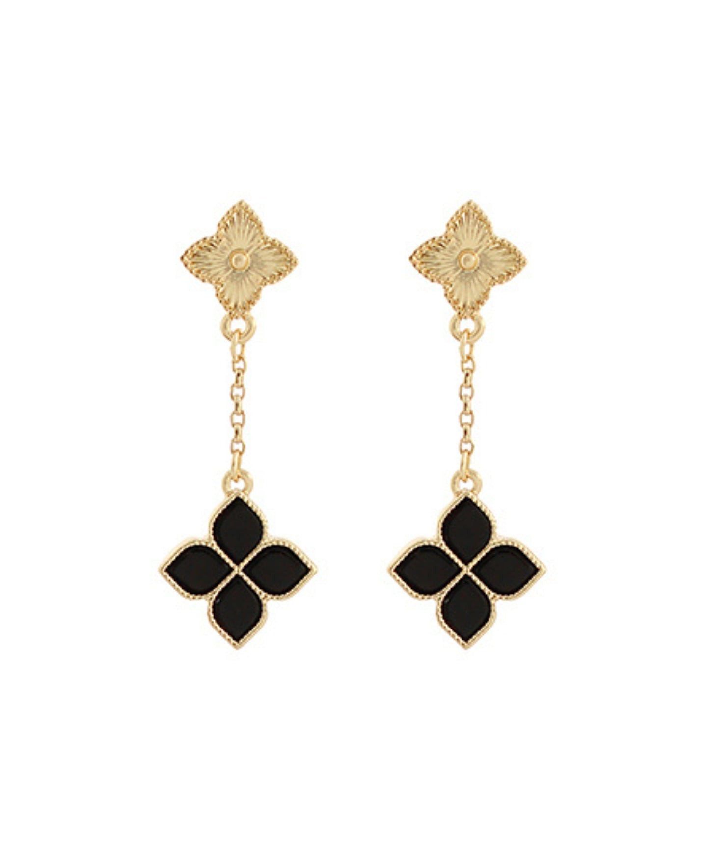 Double Clover Chain Drop Earrings Black/Gold