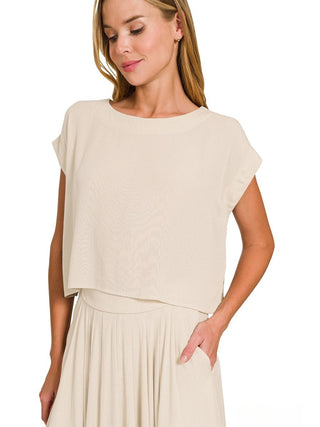 Woven Crinkle Top Beige