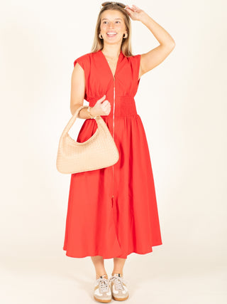 Front Zipper Sleeveless Midi Dress