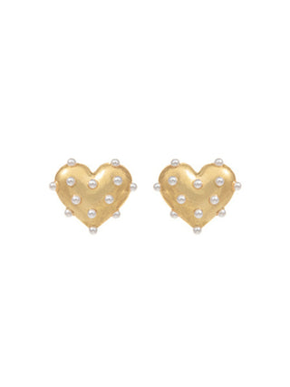 Pearl Deco Metal Heart Earrings Gold