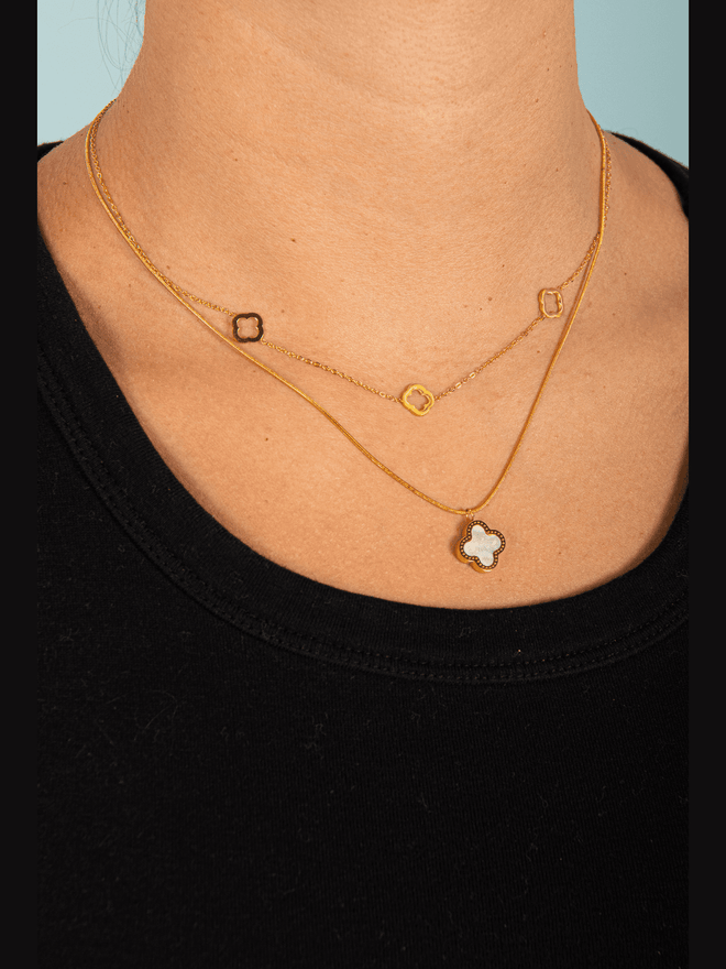 This stunning 2 Layer Clover Pendant Necklace adds a touch of luck and charm to any outfit. The layered design creates a beautiful and unique look, while the clover pendant symbolizes good fortune. Give the gift of positivity and style with this must-have piece!