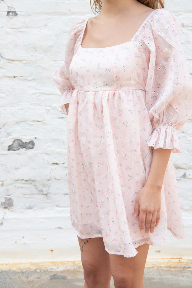 Pink Floral Eyelet Dress with Sleeves