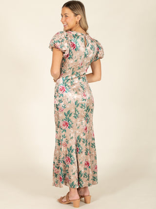 Puff Sleeve Floral Mermaid Midi Dress