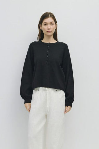 Semi-Cropped Henley Knit Long Sleeve Top