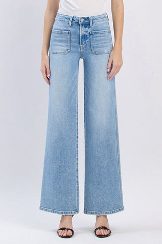 High Rise Patch Pocket Wide Leg Jeans