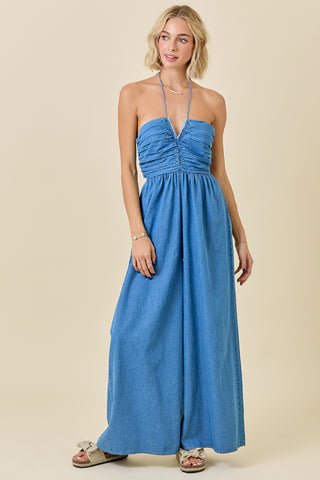 Halter Denim Jumpsuit Blue