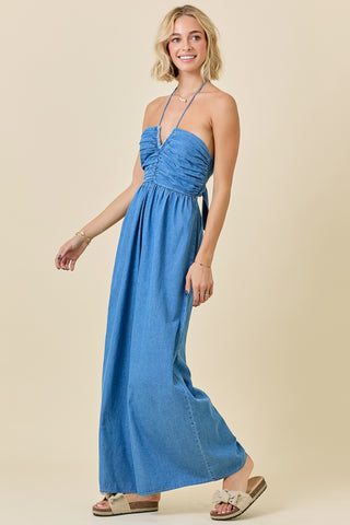 Halter Denim Jumpsuit Blue