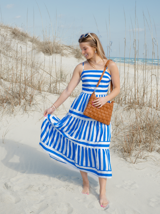 Blue & White Striped Tiered Midi Dress