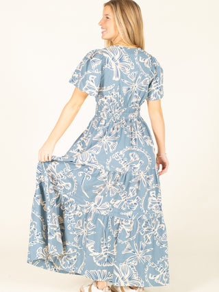 Pre-Order: Blue Palm Print Tiered Maxi Dress