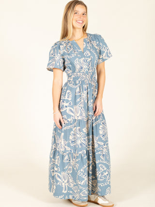 Pre-Order: Blue Palm Print Tiered Maxi Dress