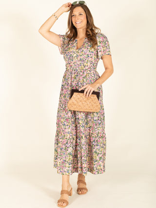 Pre-Order: Pink & Green Floral Print V-Neck Maxi Dress