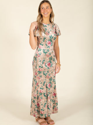 Puff Sleeve Floral Mermaid Midi Dress