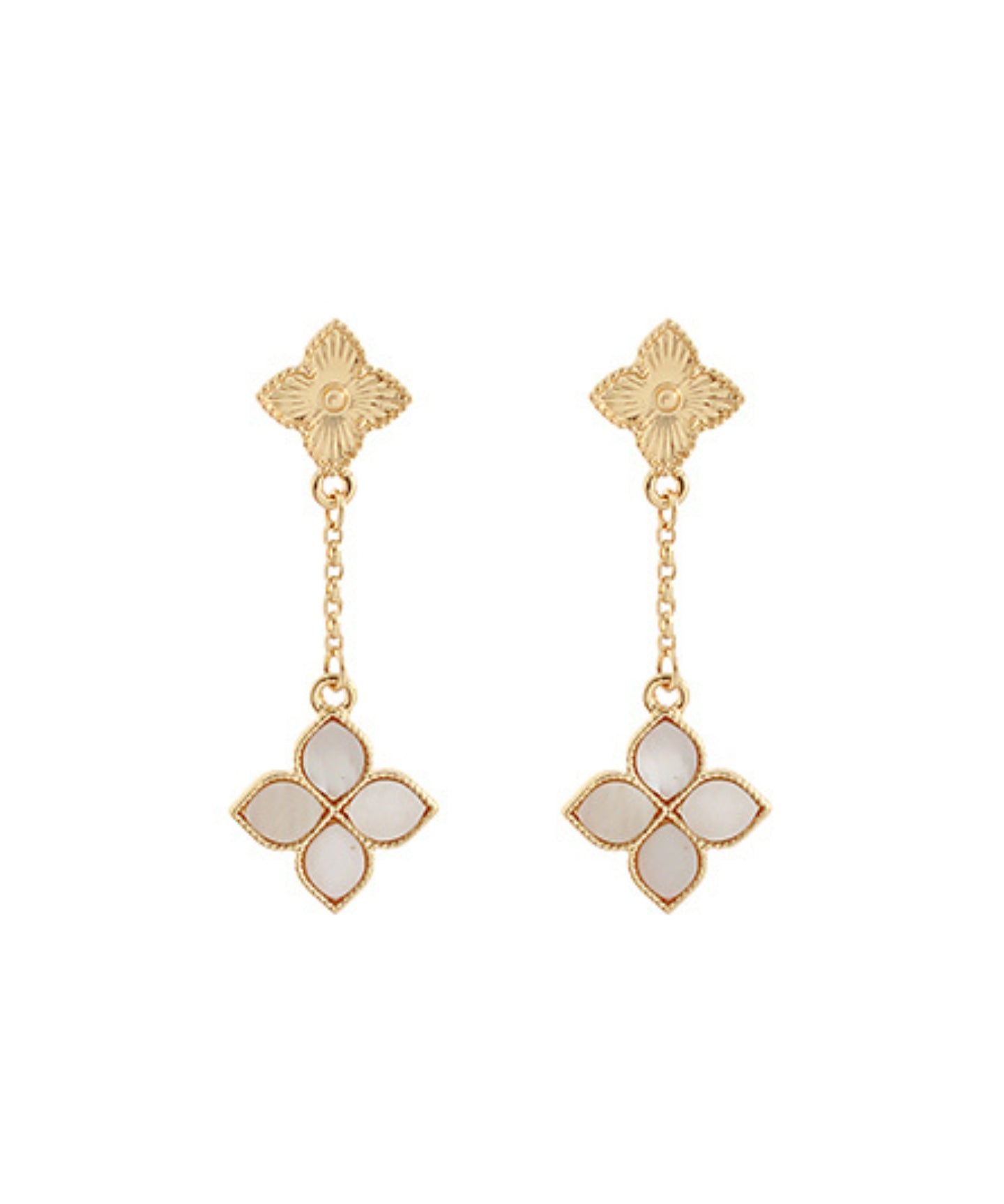Double Clover Chain Drop Earrings Cream/Gold