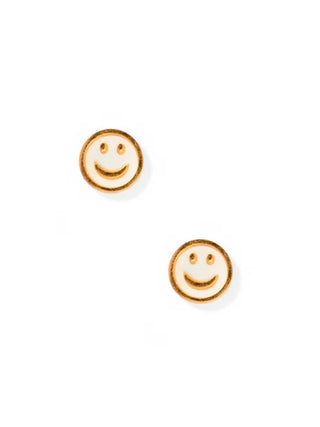 Gold Enamel Smiley Flatback Stud Earrings