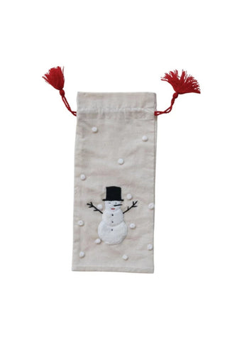 Drawstring Wine Bag with Tassels & Pom Pom Accent