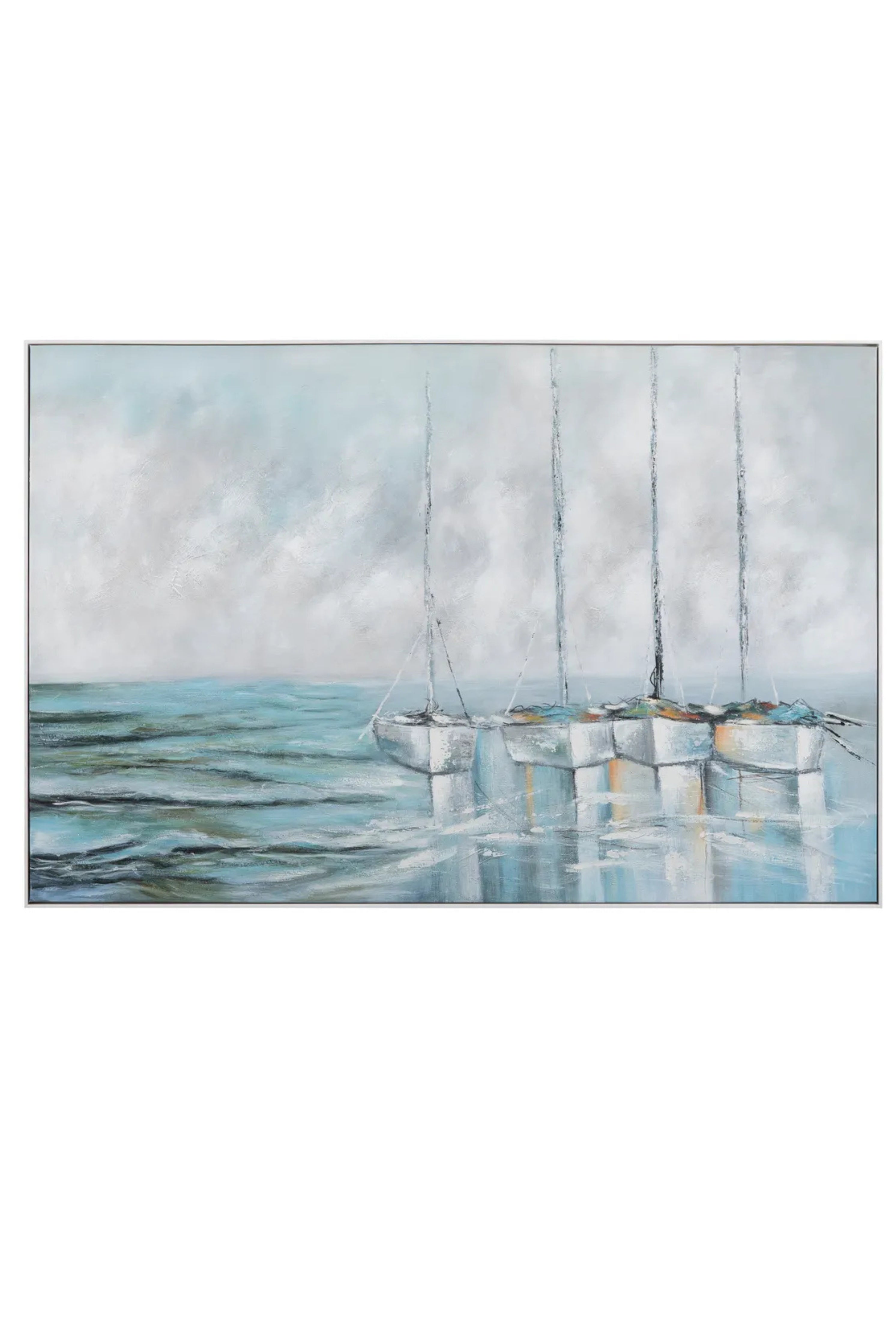 Painting of sailboats on a calm sea with a cloudy sky