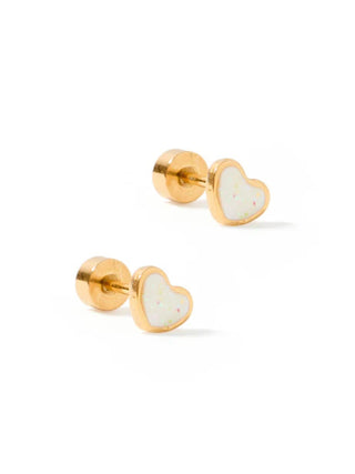 Gold Enamel Heart Flatback Stud Earrings White