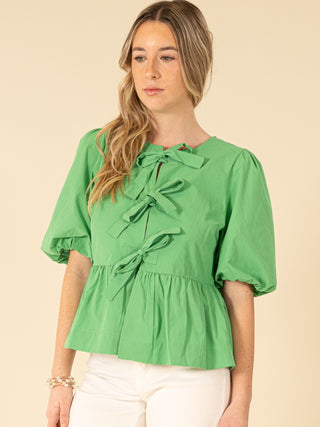 Puff Sleeve Front Tie Top