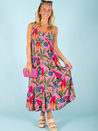 V Neck Tropical Midi Dress