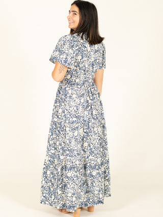 Pre-Order: Blue & White Daisy Print Maxi Dress