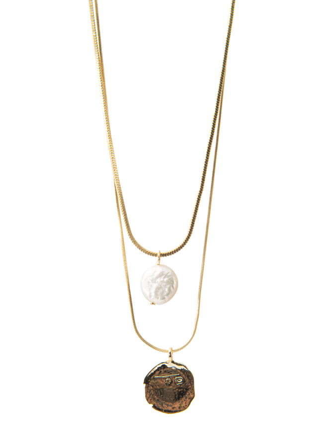 Hammered Coin & Pearl Dual Necklace