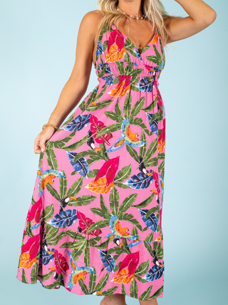 V Neck Tropical Midi Dress