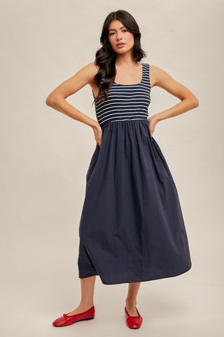 Mixed Media Stripe Ribbed Midi Dress