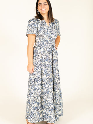 Pre-Order: Blue & White Daisy Print Maxi Dress